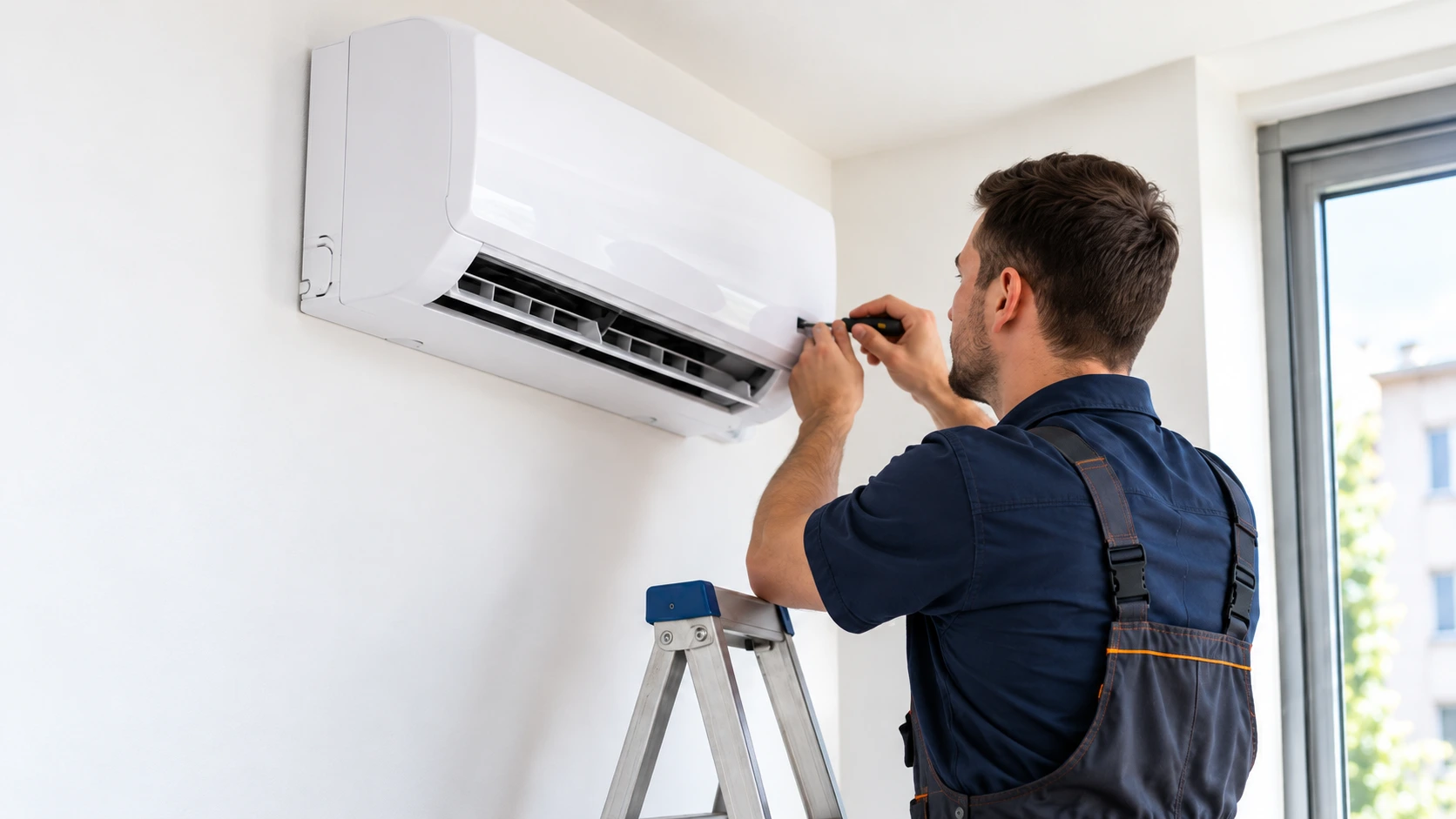 Tehnician instalând o unitate interioară de aer condiționat