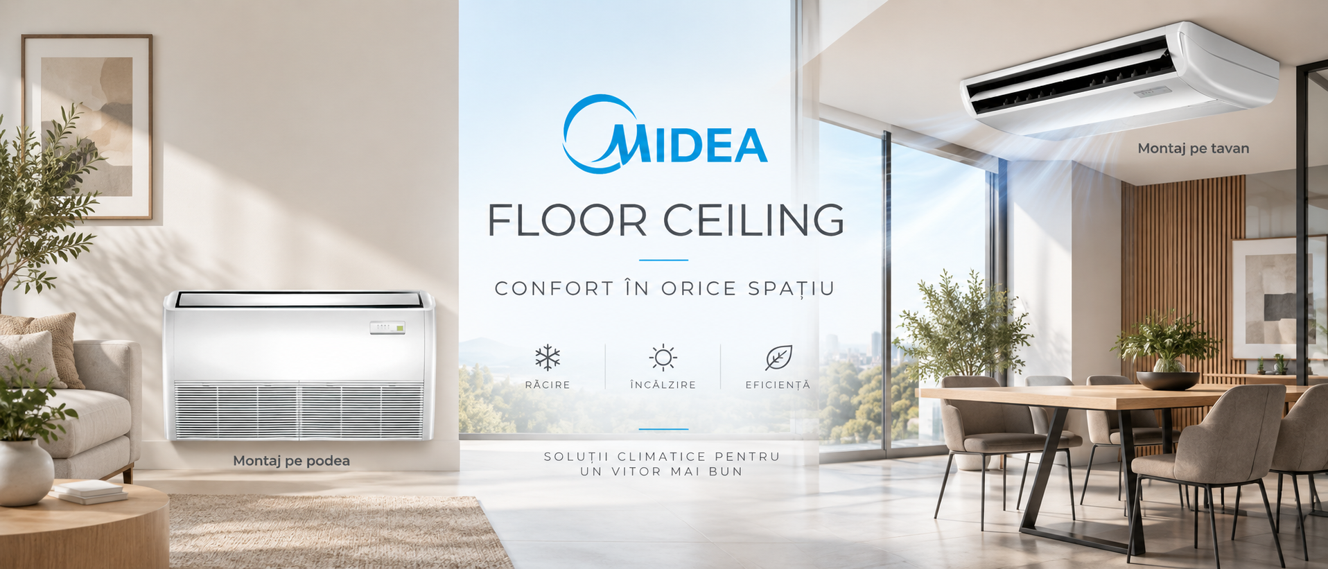 Sisteme Midea plafon-podea instalate într-un spațiu modern